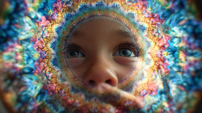 Close up of a child's face surrounded by a vibrant kaleidoscope pattern with blue eyes looking up