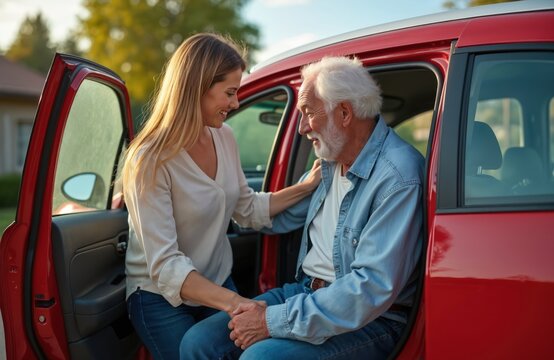 Young woman helps senior father exit car. Smiling daughter supports elderly parent. Family care shows loving relationship, mobility assistance, respectful intergenerational connection during visit.