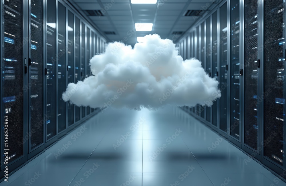Poster massive cloud floats in data center server room representing digital storage solutions. modern techn