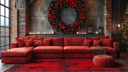 Red couch and wreath adorn loft-style room, festive for the holidays, lit by candles and Christmas tree lights