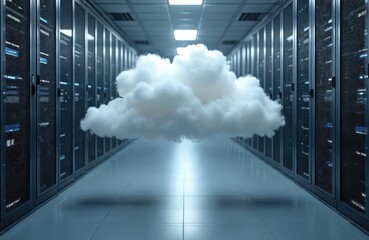 Massive cloud floats in data center server room representing digital storage solutions. Modern technology infrastructure with rows of servers, glowing data. Virtual network concept, information