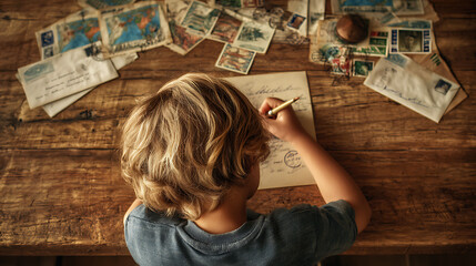 Young boy writing a letter on a wooden table surrounded by envelopes and vintage postcards from above view
