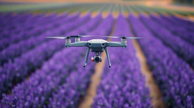 Drone flies over blurred purple flowers