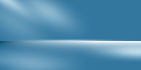 Panoramic abstract blue background for product presentation with sunlight and blurred shadows wall. Winter background.