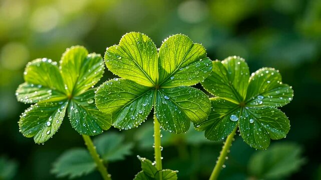 Three green, three-leaf clovers sparkle with tiny water droplets