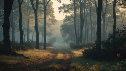 Fototapeta premium A calm day in the forest with sunlight filtering through the trees. Peaceful nature scene. Tranquil environment and lush greenery. The scene of serenity and natural beauty.