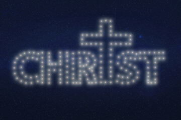 The word CHRIST shines in bright white lights against a dark cosmic background. The letter T is stylized as a glowing cross, creating a powerful visual statement of faith and divinity.