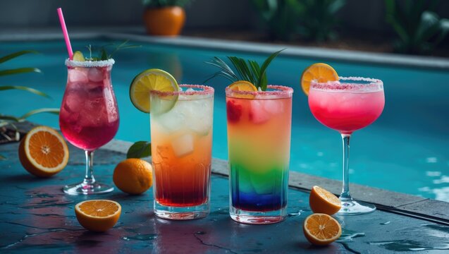 Colorful Cocktail Near The Pool with vibrant drinks and fresh citrus fruits on a poolside table.