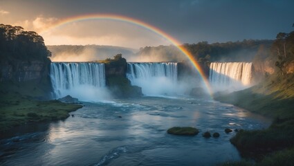 Fototapeta premium Famous Waterfall During Golden Hour With Mist And Rainbow. With Empty Copy Space For Text