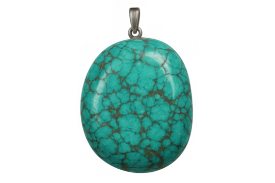 Turquoise oval pendant suspended, displaying polished surface and delicate veining against transparent backdrop