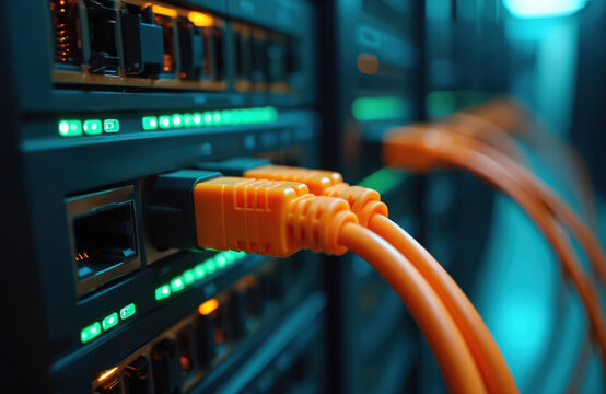 Computer server rack with bright green LED lights and connected orange network cables. Technology, data center, and IT infrastructure concept. Focus on connectivity and electronic systems.
