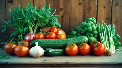 Fresh Organic Vegetables On Table with Backyard Vegetables, Tomatoes, Onion, Garlic And Cucumber, from Grower Farm with Empty Space for Text