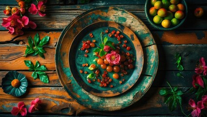 Aged wooden plate with colorful berries and flowers, placed on a rustic wooden table surrounded by green leaves and additional fruit bowls.
