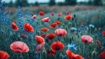 Obraz premium Red Pink Poppy Flowers, Blue Cornflowers. Wild Blossoms Field. Summer Landscape Background With Beautiful Colorful Flowers.. With Empty Copy Space For Text
