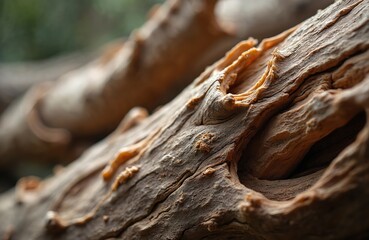 Close-up of weathered wood texture showing organic decomposition and decay. The rough, crumbled surface of the log reveals intricate natural patterns and the aging process of organic material.
