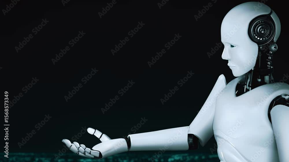 Poster ai hominoid robot holding hologram screen shows concept of global communication network using artifi