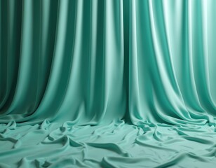 Turquoise fabric drapes in soft folds, creating textured background. Wrinkled material forms abstract patterns on floor and wall. Smooth, clean surface ideal for product displays or studio backdrops.