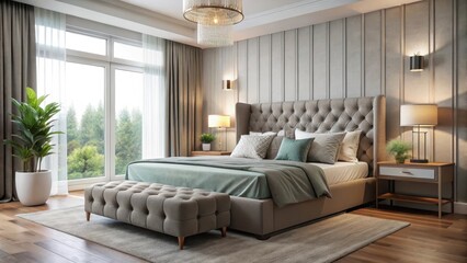 A large bed with a plush mattress and comfortable pillows, surrounded by soft curtains and a calming color scheme, creating a serene atmosphere in the bedroom , soothing, bed