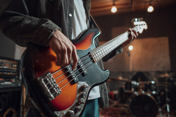 Fototapeta premium Musician playing electric bass guitar during studio rehearsal