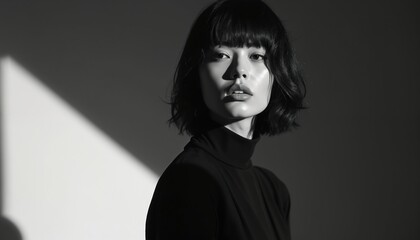 Black, white portrait of young woman in black turtleneck against minimalistic background. Face features subtle makeup, soft lighting. Image modern, elegant feel, suitable for fashion beauty content.