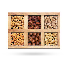 Set of a nuts in a wooden box on white