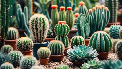 Botanical Garden. Collection Of Cacti And Succulents. With Empty Copy Space For Text