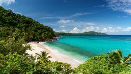 Fototapeta premium serene beach scene with turquoise waters and lush greenery