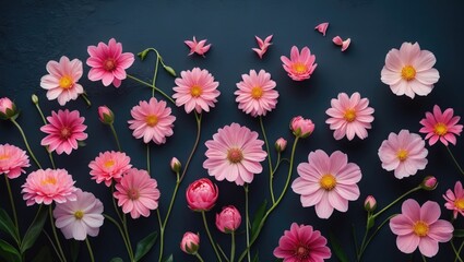 Pink flowering flowers blooming on dark background with empty copy space for text