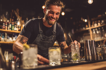 Smiling Bearded Bartender Creating Refreshing Cocktail Drink