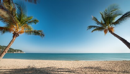 Obraz premium tranquil beach scene with two palm trees and clear sky