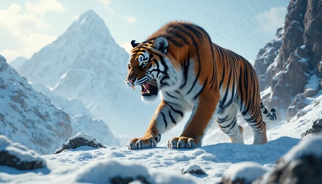 Saber-toothed tiger hunts in snowy mountain terrain. Prehistoric predator with orange striped fur moves cautiously across snow-covered landscape, powerful paws gripping icy ground. Majestic