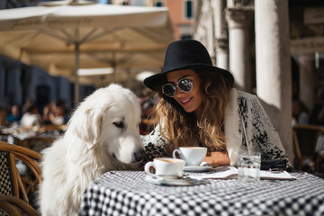 Woman and Dog Enjoy Coffee at European Cafe