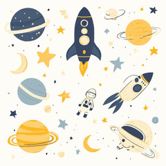 Playful flat space scene with rocket, astronaut, planets, stars and moon in soft colors for nursery wall art, packaging, greeting cards and children’s products