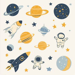 Playful flat space clipart set with cartoon rocket, planets, moon, stars and astronaut for nursery prints, packaging, greeting cards and DIY crafts