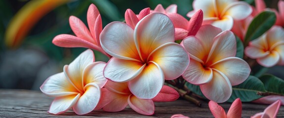 Naklejka premium Flower of Mauritius - Pink Frangipani with vibrant petals and lush green leaves.