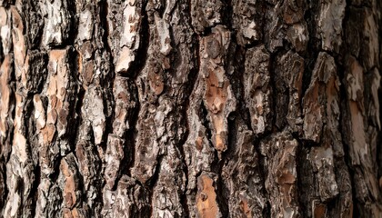 Naklejka premium Closeup of textured pine bark with detailed nature background, macro, and brown and beige.