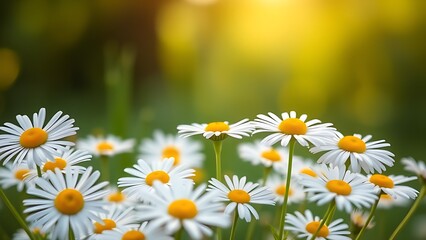 Fototapeta premium Fresh daisies bathed in morning light with a softly blurred green backdrop.