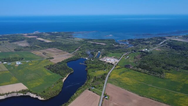 Wide Panoramic Drone Shot of the Mitis River Estuary and Agricultural Landscape at Grand-M&eacute;tis, Bas-Saint-Laurent, Quebec, Canada