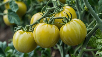A bunch of unripe heirloom yellow pear tomatoes, sometimes known as yellow pear, growing in a region in Italy