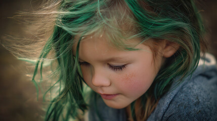 Young girl with green colored hair streaks looking down in contemplative pose showing creative self expression
