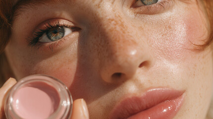 Close up portrait of young woman with freckles applying blush showing natural beauty and makeup routine
