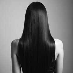 Back view of woman with long, straight, shiny black hair. Sleek, healthy strands cascade down shoulders, reflecting light with glossy finish. Elegant hairstyle suggests beauty, care, professional