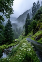 Fototapeta premium Lush green mountain landscape with foggy misty atmosphere, winding road through dense forest and flowing river in tranquil nature scene