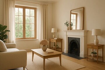 Elegant minimalist living room interior with neutral tones, large window, light wood furniture, and natural lighting creating a cozy and inviting atmosphere.