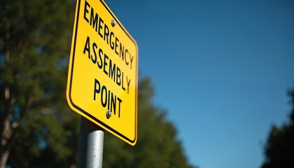 Yellow metal sign indicates Emergency Assembly Point. Clear black text on bright yellow background. Signpost outdoors against blue sky with green trees background. Safety, preparedness, evacuation