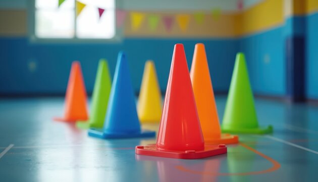 Colorful cones arranged for children physical education class sports training. Set includes red, orange, yellow, green, blue cones on gym floor. Plastic markers aid in agility drills, fun games,
