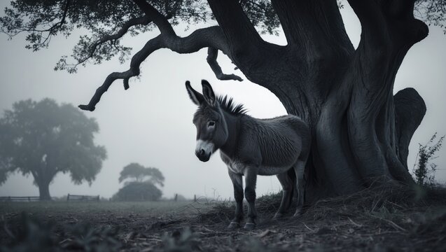 A shy and scared gray donkey hides in the shade of a tree. Outdoor donkey farm.