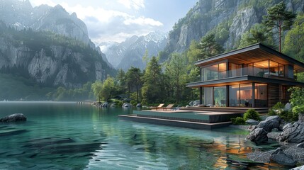 Obraz premium Modern house on lake with mountains. Azure water, nature surrounding the home