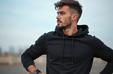 Focused young European man in black hoodie, preparing for outdoor sports training. He contemplates his next move while engaged in a healthy lifestyle, exuding confidence and readiness.