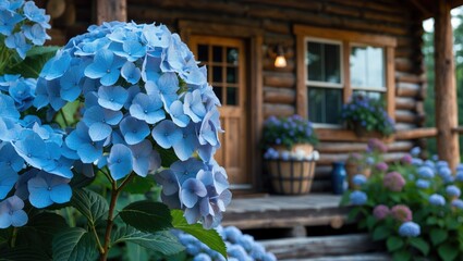 A blue blooming hydrangea in front of a log cabin.
